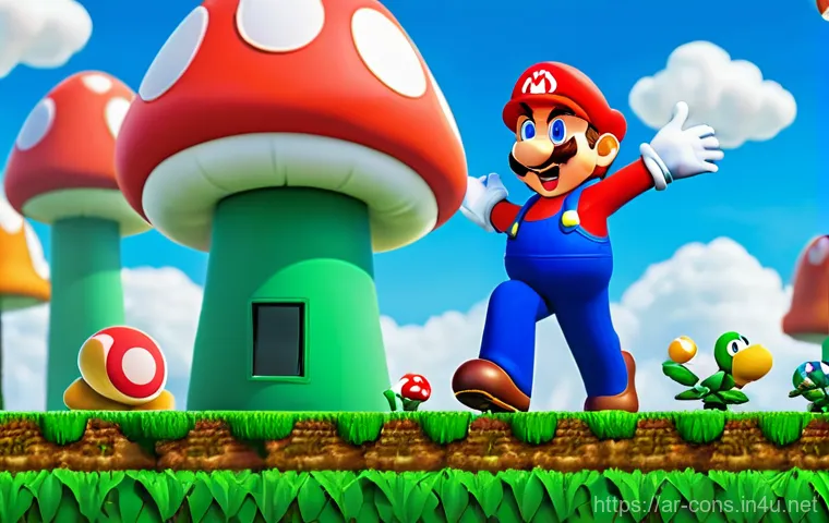 슈퍼마리오 시리즈 타임라인 - Classic 2D Mushroom Kingdom Adventure** A vibrant, retro-inspired 2D scene depicting Super Mario in ...