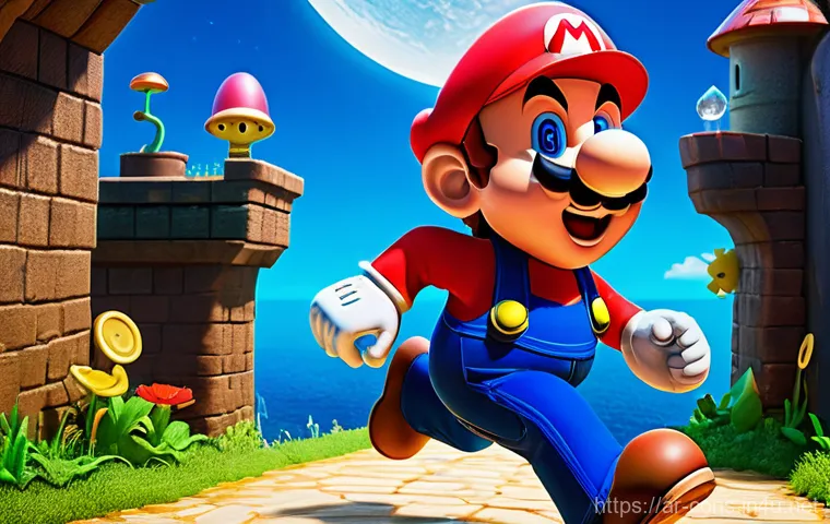 슈퍼마리오 시리즈 타임라인 - Classic 2D Mushroom Kingdom Adventure** A vibrant, retro-inspired 2D scene depicting Super Mario in ...