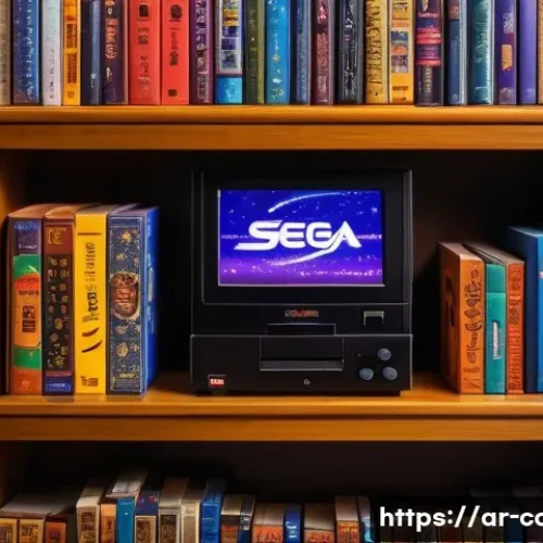 세가 새턴 컬렉터블 타이틀 - A nostalgic collector&rsquo;s room filled with vintage Sega Saturn games neatly displayed on wooden shelve...