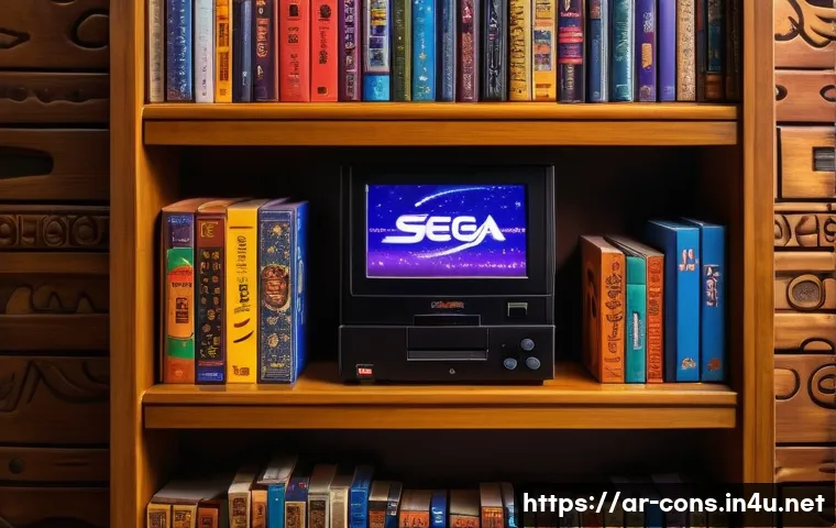 세가 새턴 컬렉터블 타이틀 - A nostalgic collector&rsquo;s room filled with vintage Sega Saturn games neatly displayed on wooden shelve...