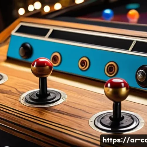 아케이드 스틱의 진화 과정 - A detailed close-up of a traditional arcade joystick made of wood and metal, featuring simple mechan...