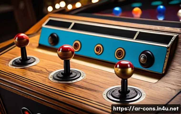 아케이드 스틱의 진화 과정 - A detailed close-up of a traditional arcade joystick made of wood and metal, featuring simple mechan...