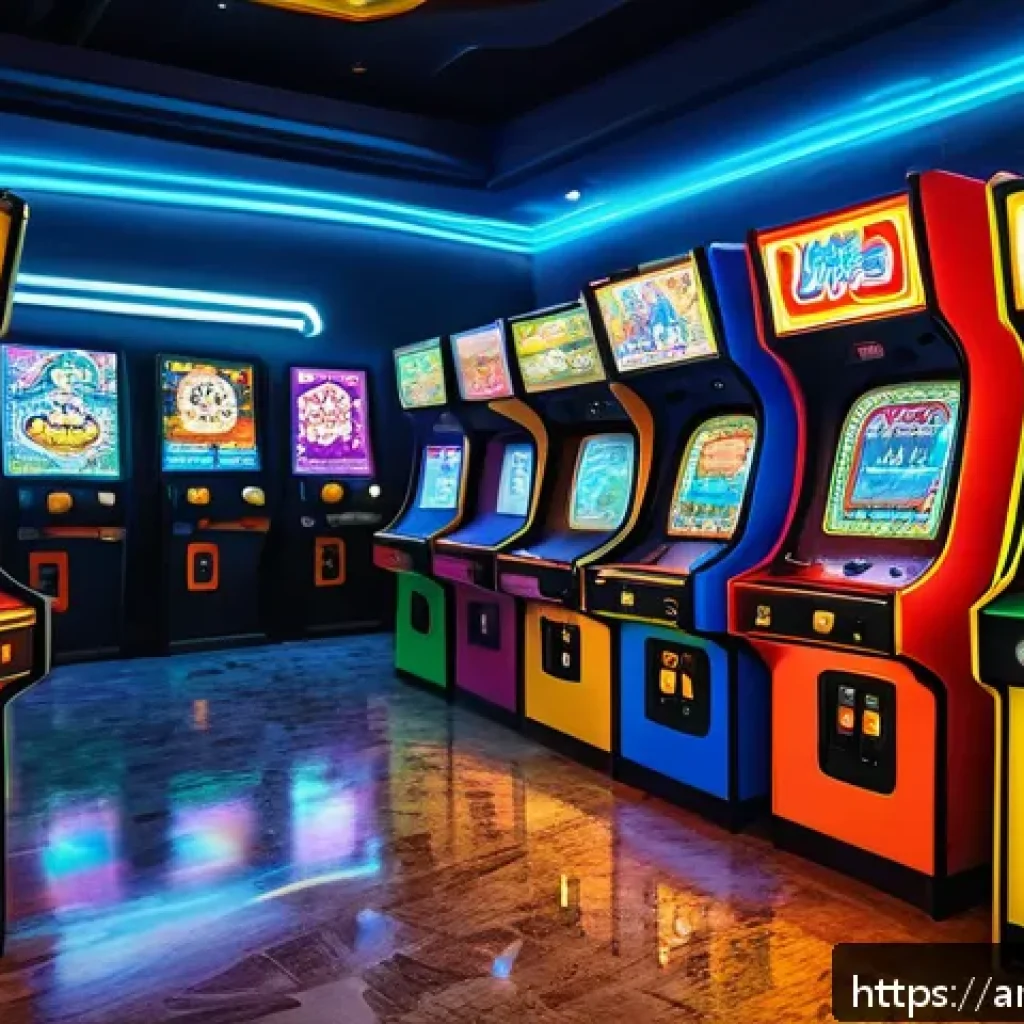 클래식 아케이드 게임기의 특징 - A vibrant arcade scene set in a traditional Middle Eastern caf&eacute;, featuring a classic arcade cabinet ...