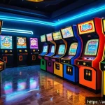 클래식 아케이드 게임기의 특징 - A vibrant arcade scene set in a traditional Middle Eastern caf&eacute;, featuring a classic arcade cabinet ...