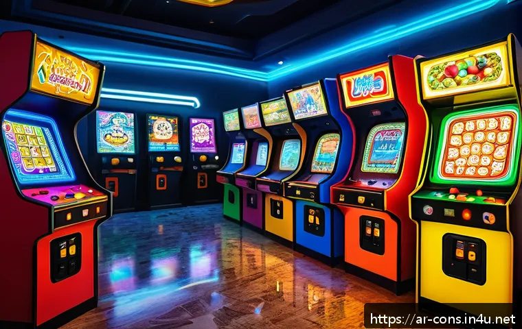 클래식 아케이드 게임기의 특징 - A vibrant arcade scene set in a traditional Middle Eastern caf&eacute;, featuring a classic arcade cabinet ...
