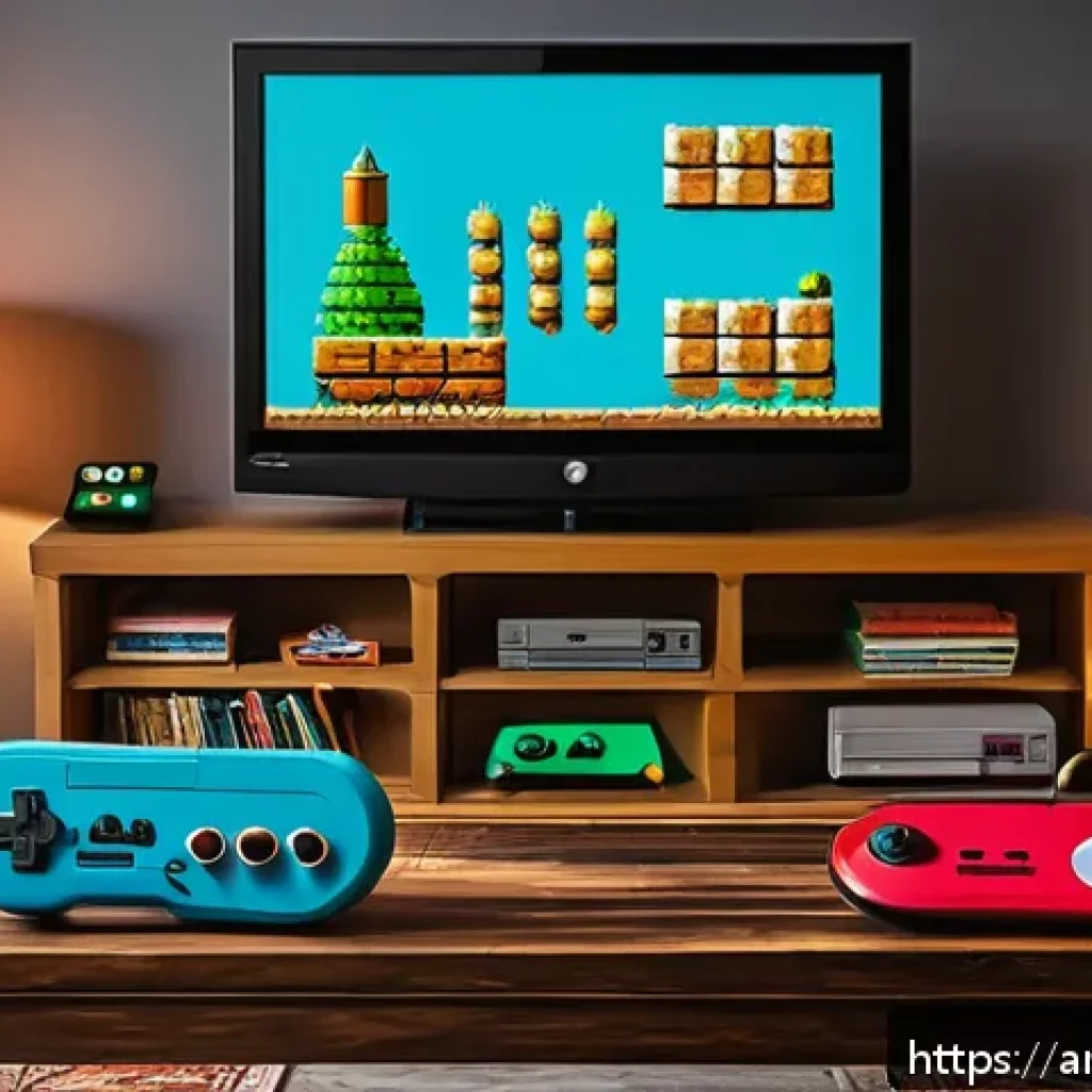 추억의 게임기 비교 닌텐도 vs 세가 - A vibrant retro gaming setup in a cozy Arabic living room, featuring a classic Nintendo console with...