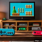 추억의 게임기 비교 닌텐도 vs 세가 - A vibrant retro gaming setup in a cozy Arabic living room, featuring a classic Nintendo console with...