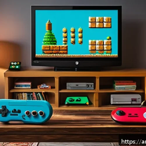 추억의 게임기 비교 닌텐도 vs 세가 - A vibrant retro gaming setup in a cozy Arabic living room, featuring a classic Nintendo console with...