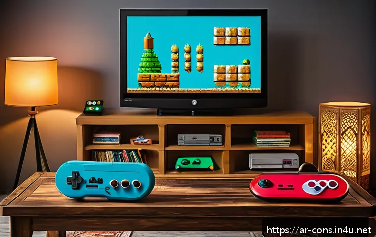 추억의 게임기 비교 닌텐도 vs 세가 - A vibrant retro gaming setup in a cozy Arabic living room, featuring a classic Nintendo console with...
