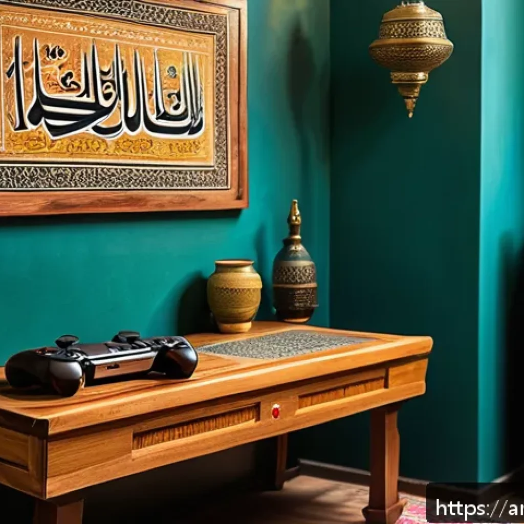 PSP 희귀 타이틀 컬렉션 - A cozy, nostalgic gaming room scene with Arabic calligraphy art on the walls, featuring a classic PS...