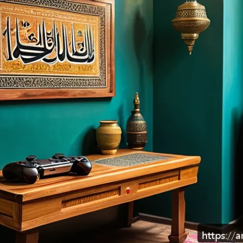 PSP 희귀 타이틀 컬렉션 - A cozy, nostalgic gaming room scene with Arabic calligraphy art on the walls, featuring a classic PS...