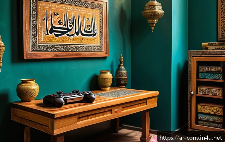 PSP 희귀 타이틀 컬렉션 - A cozy, nostalgic gaming room scene with Arabic calligraphy art on the walls, featuring a classic PS...